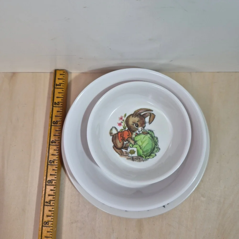 Vintage‎ Oneida Deluxe Melamine Bunny Rabbit 3 Piece Kids Dish Set White 3243